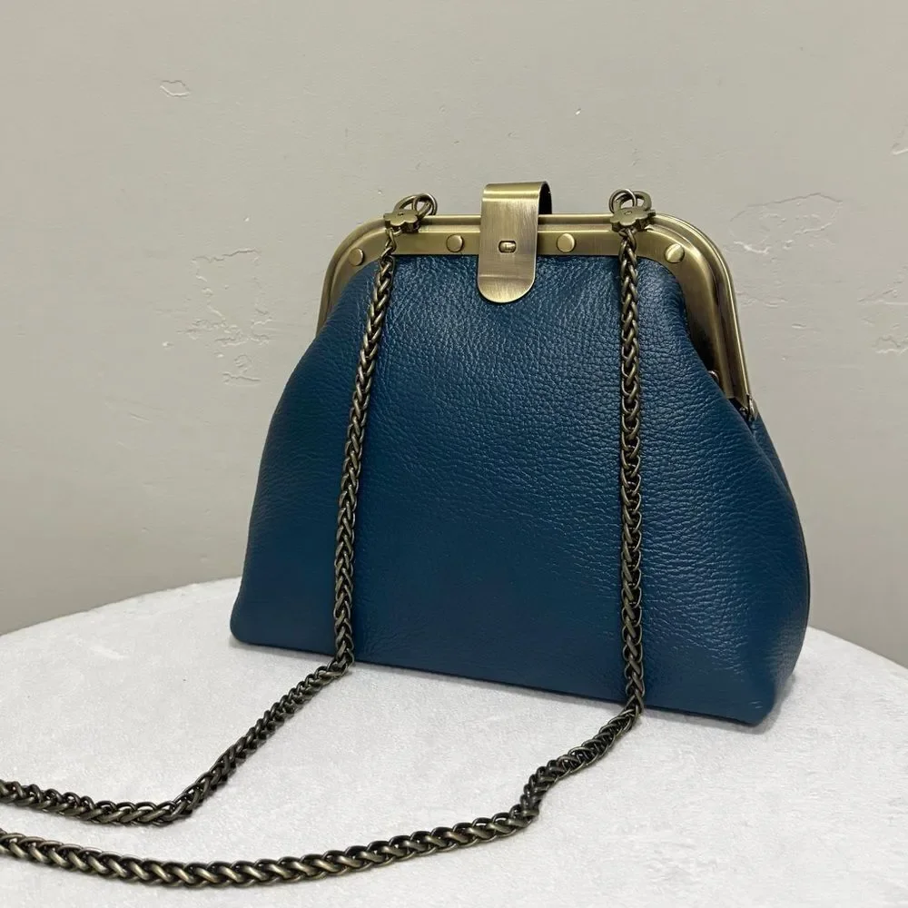 Blue Premium Pebble Leather Handmade Unique Rivet Metal Frame Handbag/Crossbody